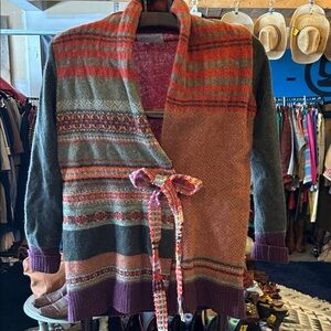 Colorful Striped 100% Wool Cardigan with Tie from Scotland by Eribe